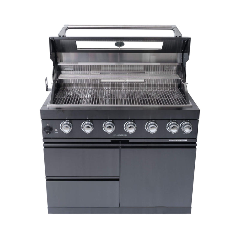 Castelle Flame Premium Black Stainless Steel 6-Burner Gas Grill Kitchen Island With Rotisserie Kit (SAK82641) - Saksby Wholesale - Center View