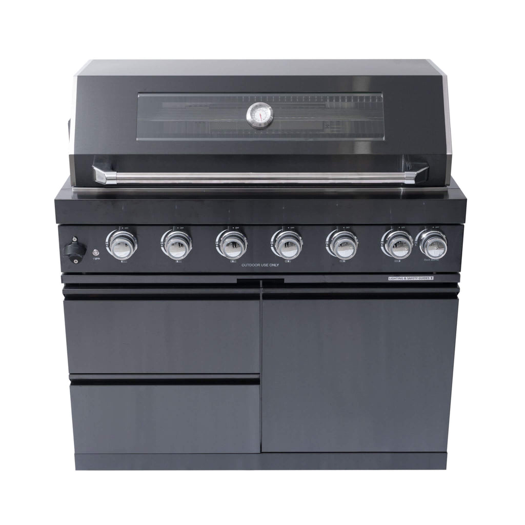 Castelle Flame Premium Black Stainless Steel 6-Burner Gas Grill Kitchen Island With Rotisserie Kit (SAK82641) - Saksby Wholesale - Front Top View