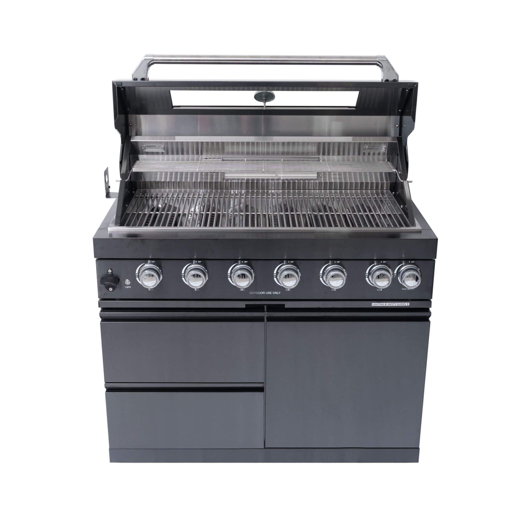 Castelle Flame Premium Black Stainless Steel 6-Burner Gas Grill Kitchen Island With Rotisserie Kit (SAK82641) - Saksby Wholesale - Front View Details