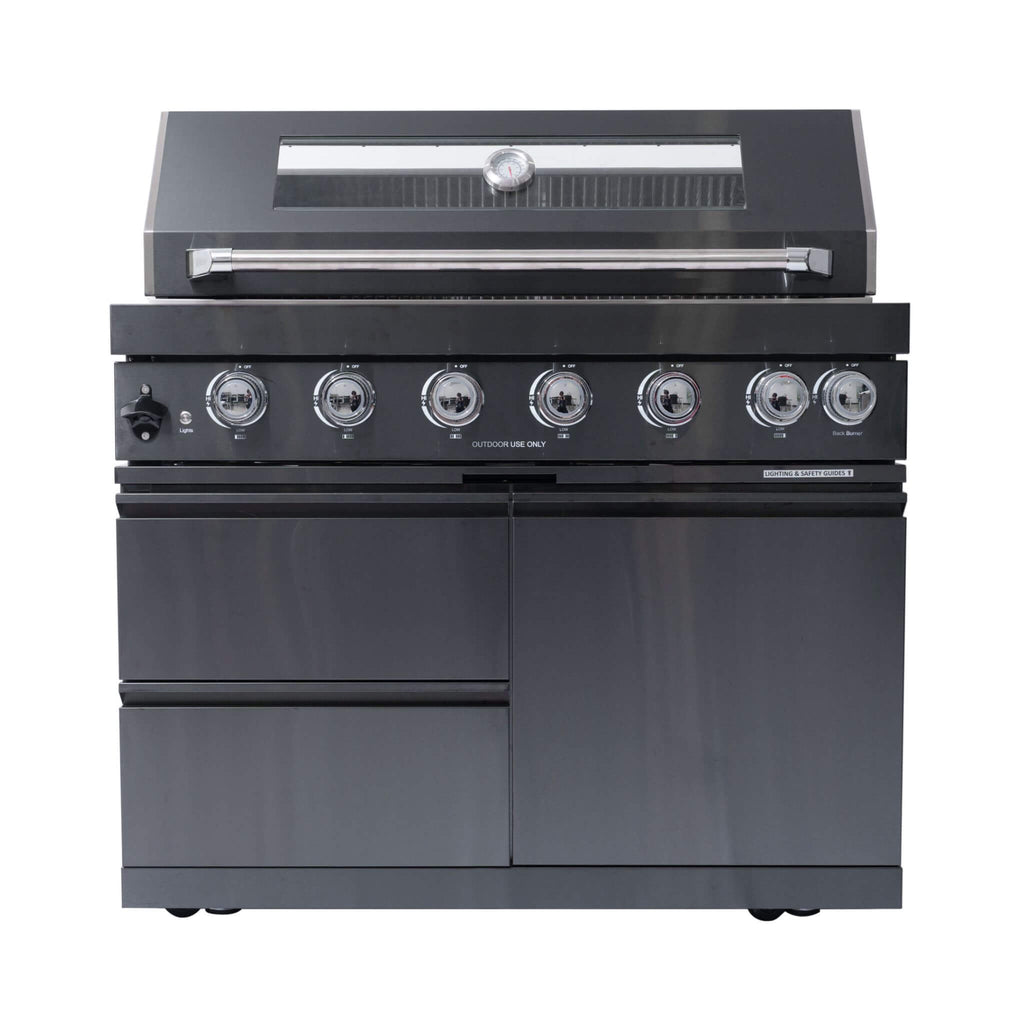 Castelle Flame Premium Black Stainless Steel 6-Burner Gas Grill Kitchen Island With Rotisserie Kit (SAK82641) - Saksby Wholesale - Front View