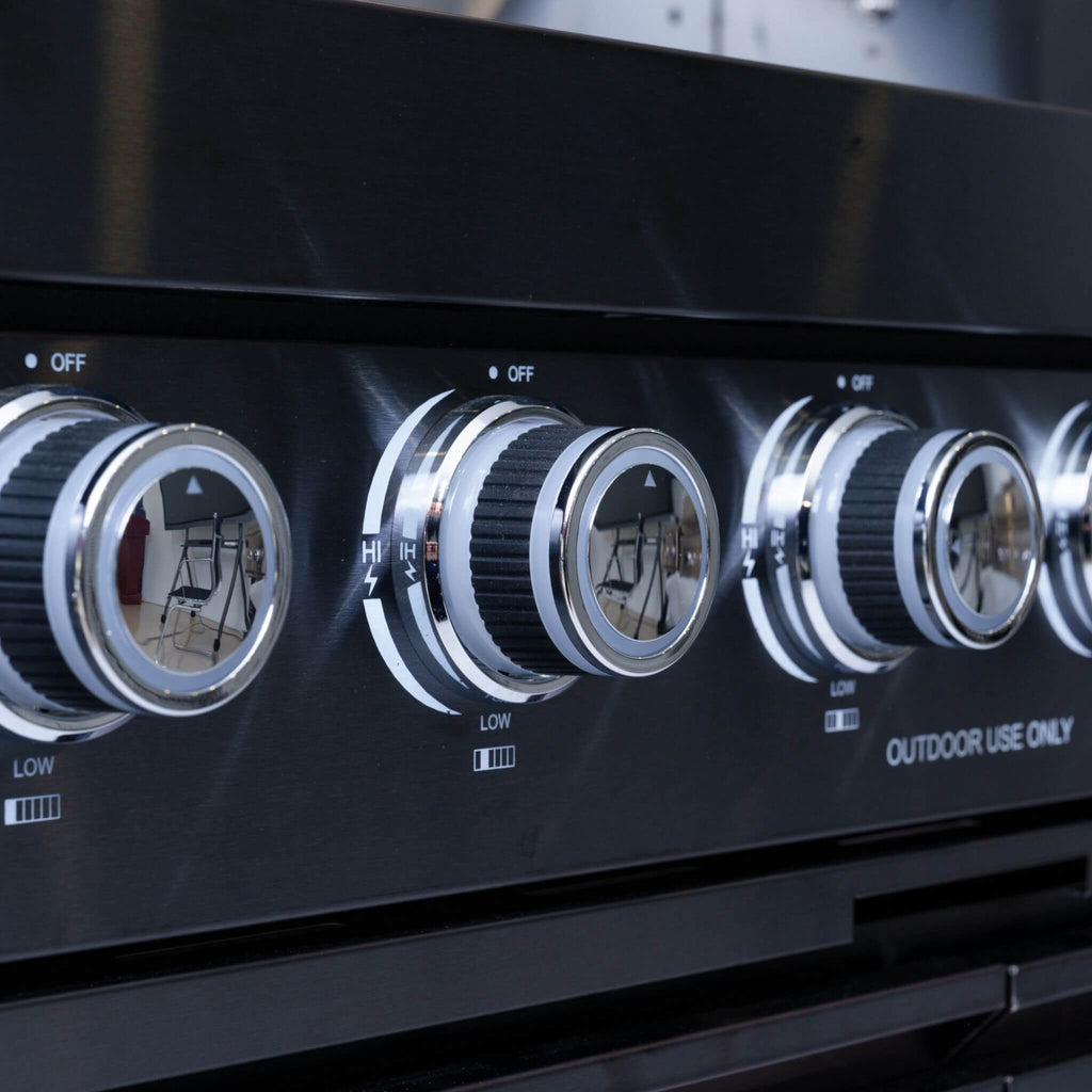 Castelle Flame Premium Black Stainless Steel 6-Burner Gas Grill Kitchen Island With Rotisserie Kit (SAK82641) - Saksby Wholesale - Heat Control View