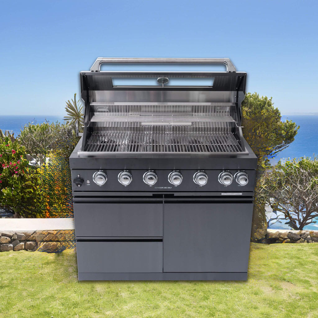 Castelle Flame Premium Black Stainless Steel 6-Burner Gas Grill Kitchen Island With Rotisserie Kit (SAK82641) - Saksby Wholesale - Outdoor Setup