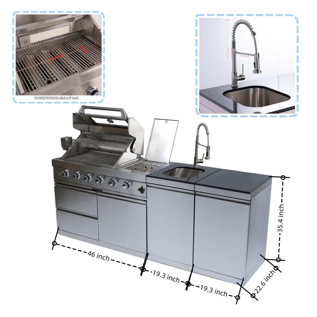 Castelle Flame Stainless Steel Outdoor BBQ Kitchen Island With 46-Inch 4-Burner 85K BUT Grill, Rotisserie Kit, And Cabinets (SAK93192) - Saksby Wholesale - Dimensions