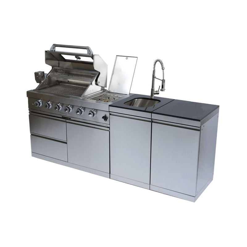 Castelle Flame Stainless Steel Outdoor BBQ Kitchen Island With 46-Inch 4-Burner 85K BUT Grill, Rotisserie Kit, And Cabinets (SAK93192) - Saksby Wholesale - Front Left View