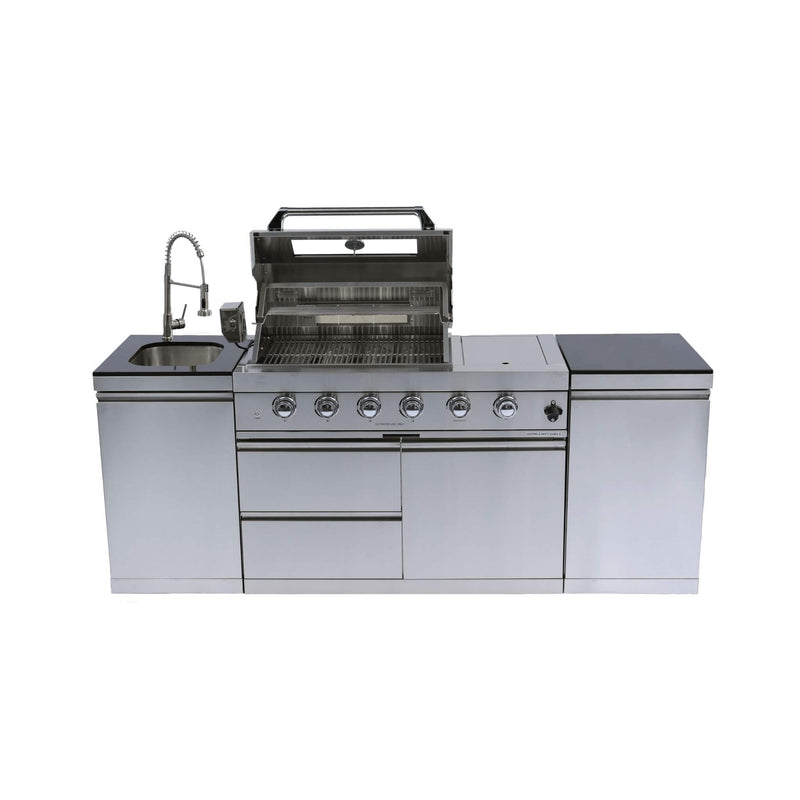 Castelle Flame Stainless Steel Outdoor BBQ Kitchen Island With 46-Inch 4-Burner 85K BUT Grill, Rotisserie Kit, And Cabinets (SAK93192) - Saksby Wholesale - Front View