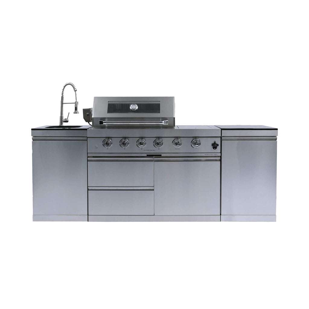 Castelle Flame Stainless Steel Outdoor BBQ Kitchen Island With 46-Inch 4-Burner 85K BUT Grill, Rotisserie Kit, And Cabinets (SAK93192) - Saksby Wholesale - Front View