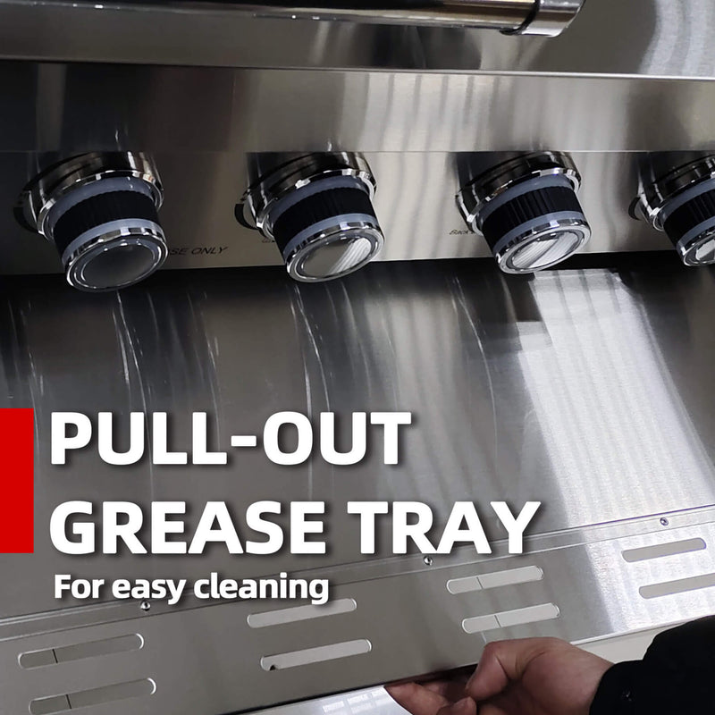 Castelle Flame Stainless Steel Outdoor BBQ Kitchen Island With 46-Inch 4-Burner 85K BUT Grill, Rotisserie Kit, And Cabinets (SAK93192) - Saksby Wholesale - Grease Tray View