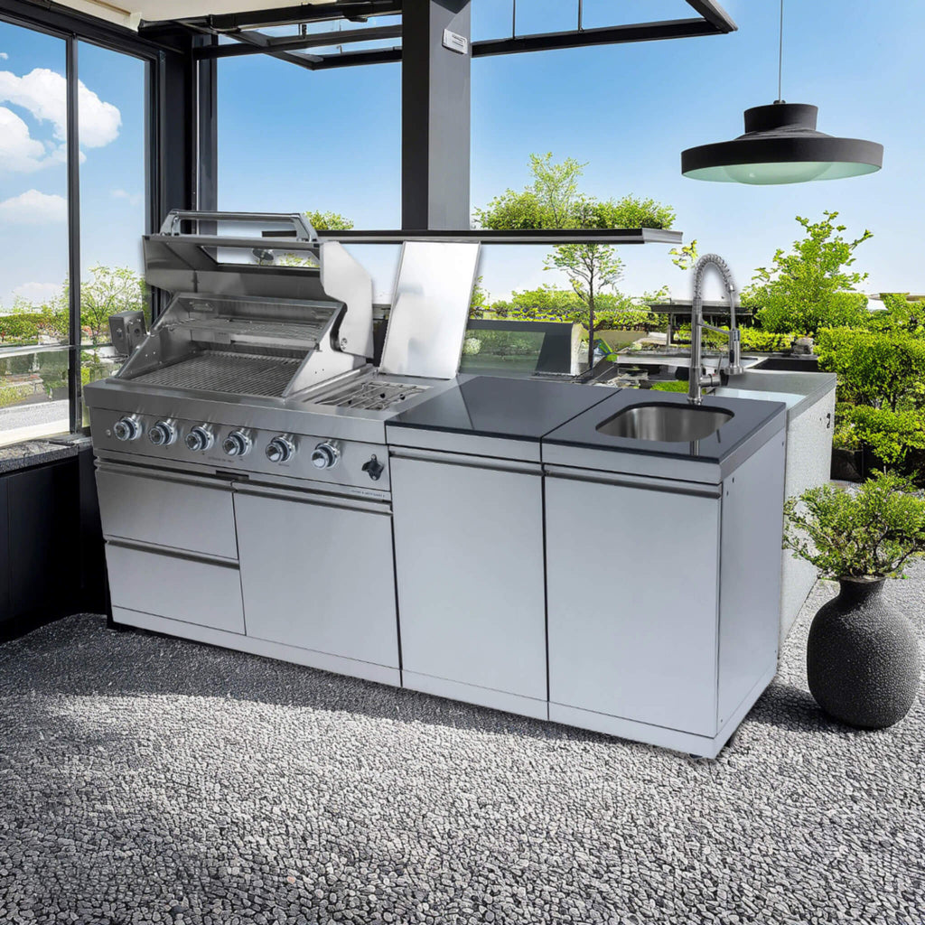 Castelle Flame Stainless Steel Outdoor BBQ Kitchen Island With 46-Inch 4-Burner 85K BUT Grill, Rotisserie Kit, And Cabinets (SAK93192) - Saksby Wholesale - Outside View