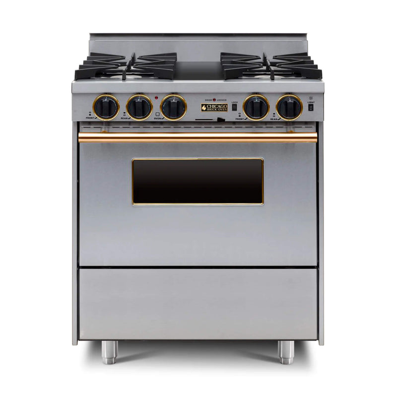 Chicago Brick Oven 30” Dual-Fuel Self-Cleaning Convection Range With Open Burners SAKSBY - Stainless Brass View