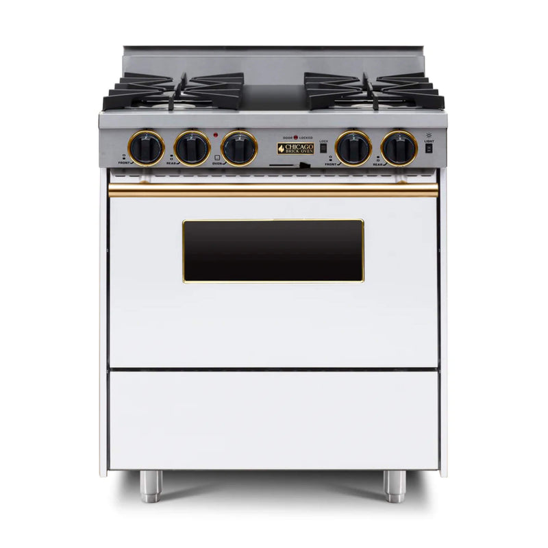 Chicago Brick Oven 30” Dual-Fuel Self-Cleaning Convection Range With Open Burners SAKSBY - White Brass View