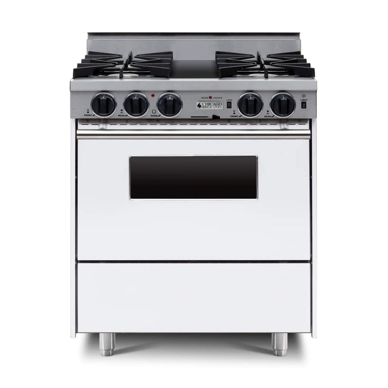 Chicago Brick Oven 30” Dual-Fuel Self-Cleaning Convection Range With Open Burners SAKSBY - White Regular View