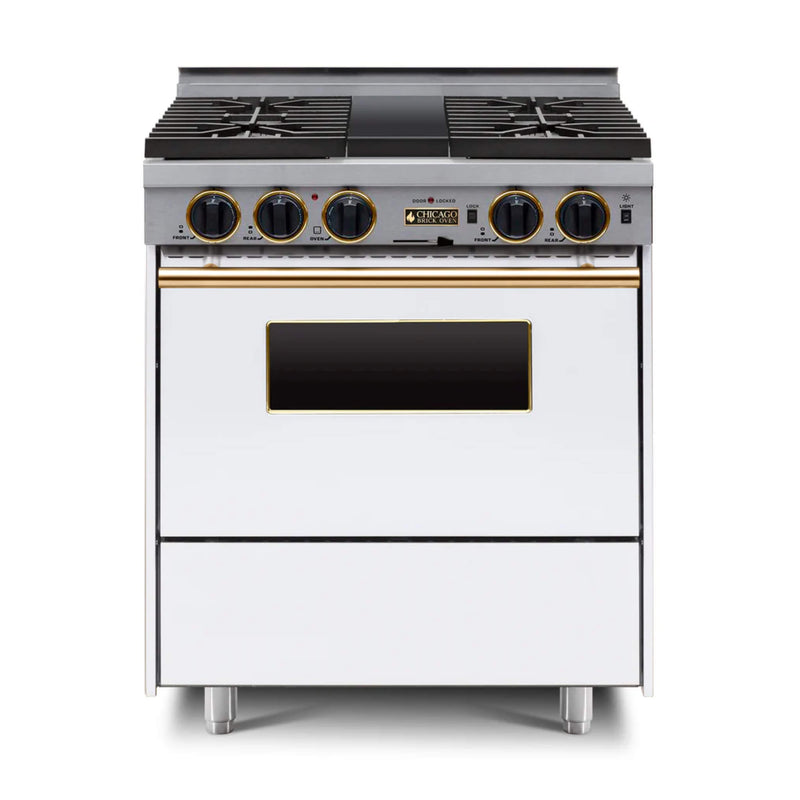 Chicago Brick Oven 30” Dual-Fuel Self-Cleaning Convection Range With Sealed Burners SAKSBY - White Brass View