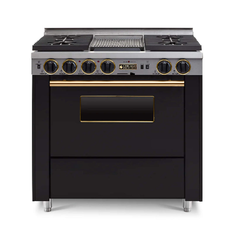 Chicago Brick Oven 36” Dual-Fuel Self-Cleaning Convection Range With Sealed Burners SAKSBY - Black Brass View