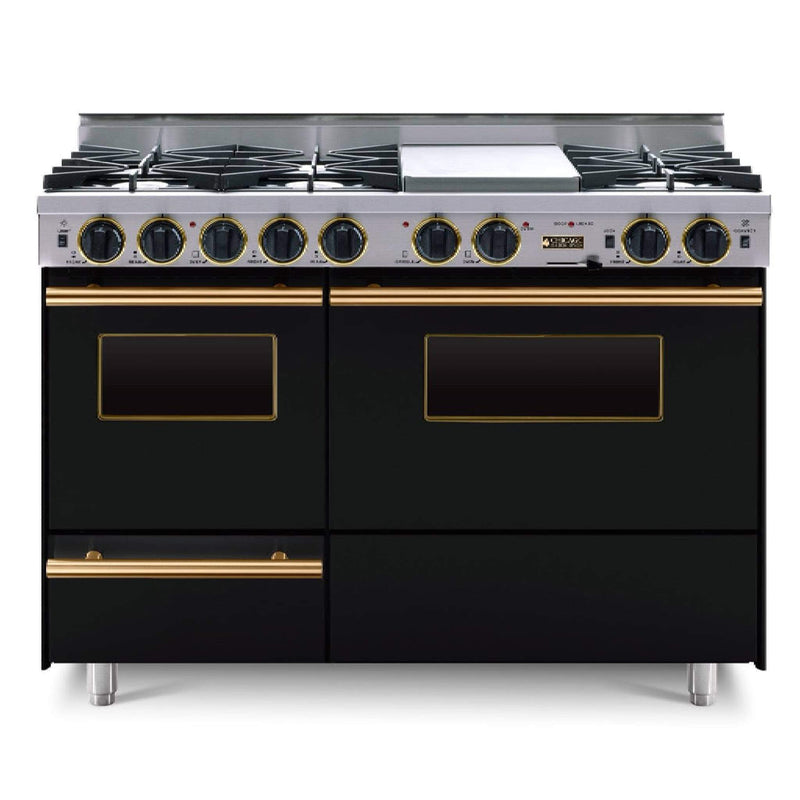 Chicago Brick Oven 48" Dual-Fuel Self-Cleaning Convection Range With Open Burners SAKSBY - Black Brass View