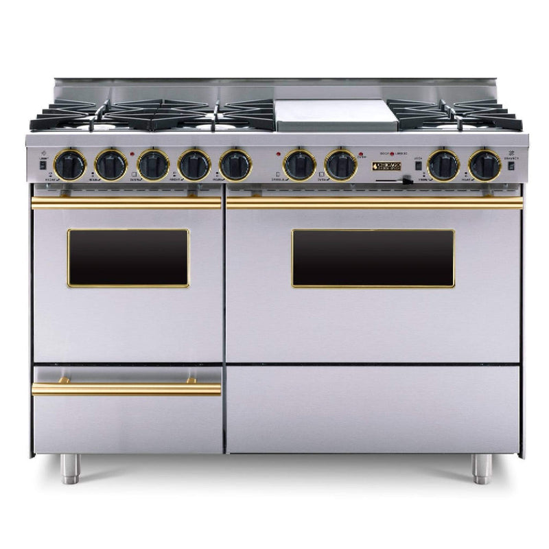 Chicago Brick Oven 48" Dual-Fuel Self-Cleaning Convection Range With Open Burners SAKSBY - Stainless Brass View