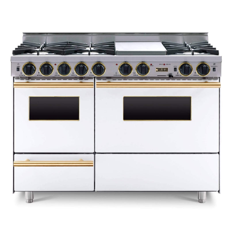 Chicago Brick Oven 48" Dual-Fuel Self-Cleaning Convection Range With Open Burners SAKSBY - White Brass View