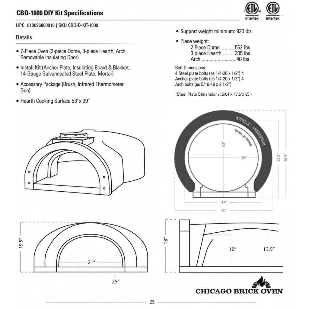 Chicago Brick Oven CBO-1000 Built-In Wood Fired Commercial Outdoor Pizza Oven DIY Kit With 53" x 39" Cooking Surface [CBO-O-KIT-1000] (SAK62895) - Saksby Wholesale - Specifications View