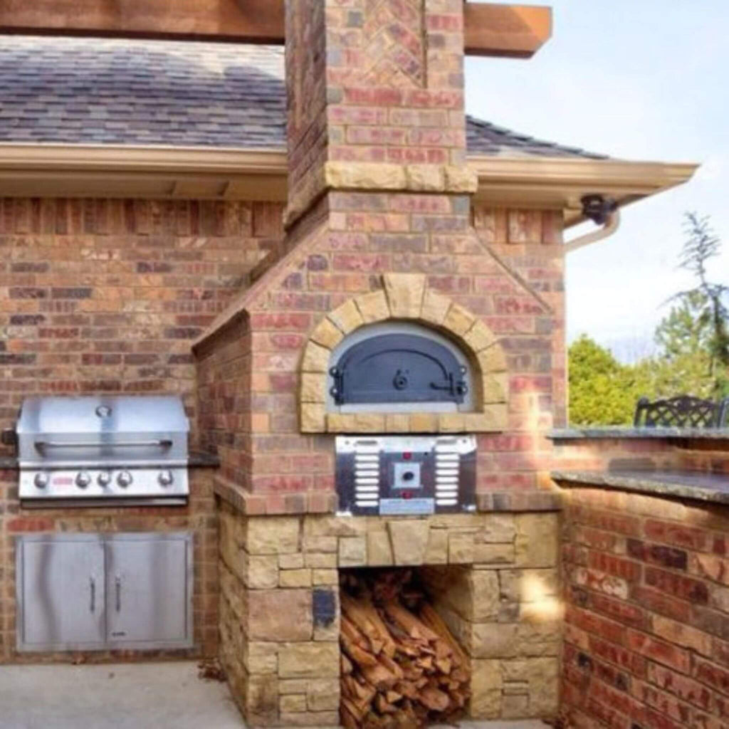 Chicago Brick Oven CBO-750 Commercial Hybrid Wood & Gas Fired Oven DIY Kit [CBO-O-KIT-750-HYB] (SAK75154) - Saksby Wholesale - Lifestyle Image With Brown Bricks