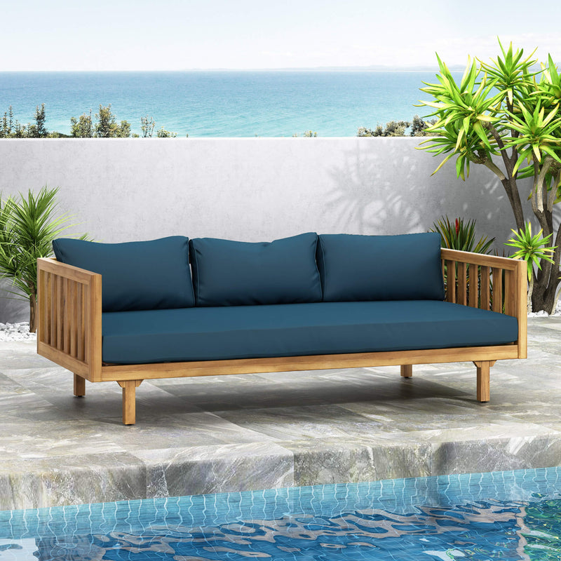 Claremont 3-Seater Acacia Wood Daybed Sofa With Water-Resistant Cushions (SAK65773) - Saksby Wholesale - Side VIew Lifestyle