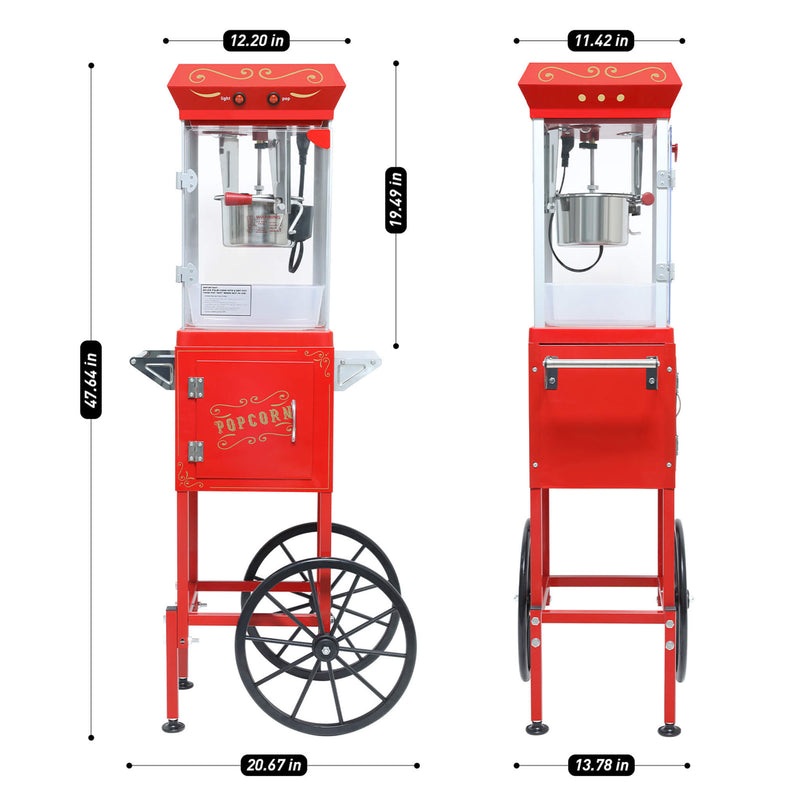 Commercial 6-Ounce Stainless Steel Vintage Popcorn Machine With Cart Red SAK35951 Saksby - Dimensions