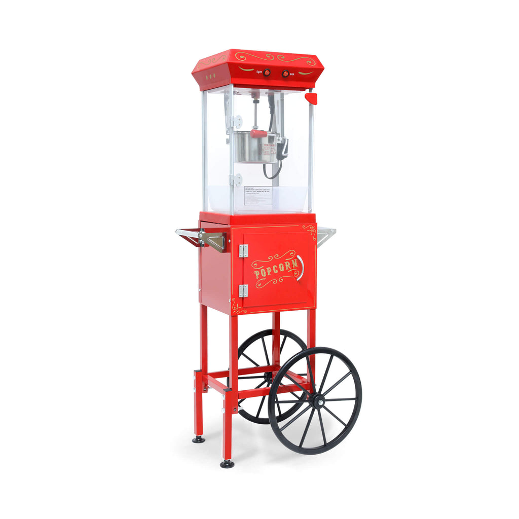 Commercial 6-Ounce Stainless Steel Vintage Popcorn Machine With Cart Red SAK35951 Saksby - Front Right View