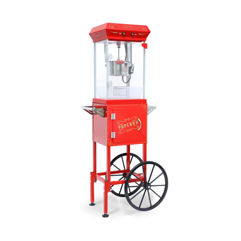 Commercial 6-Ounce Stainless Steel Vintage Popcorn Machine With Cart Red SAK35951 Saksby - Front Right View