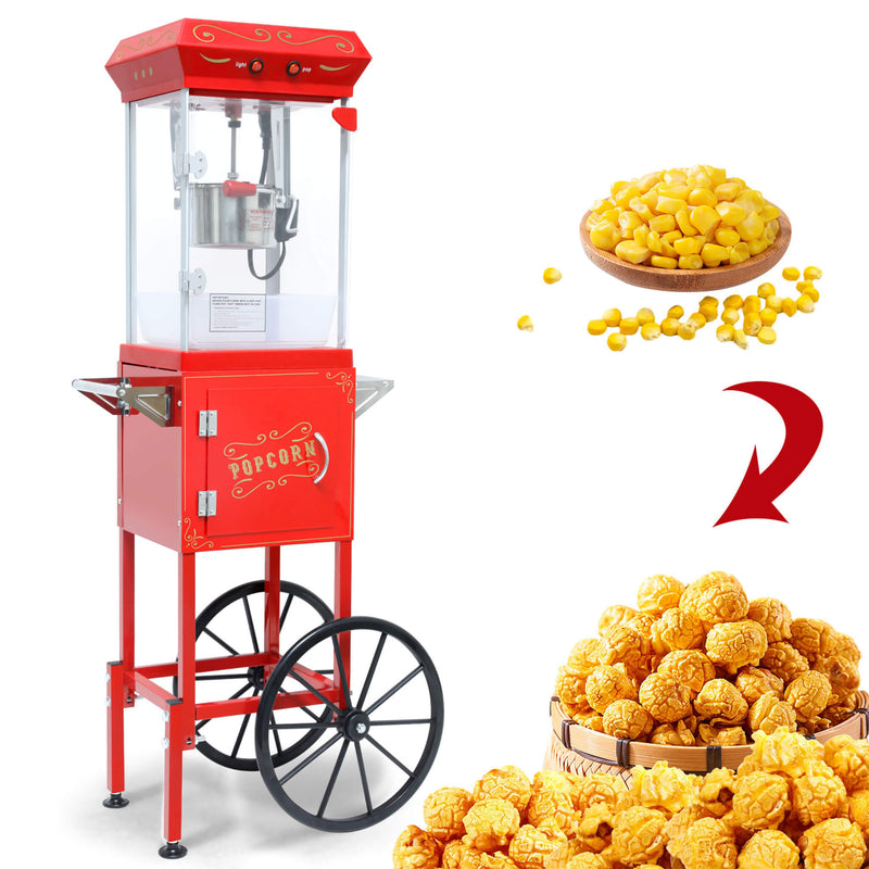Commercial 6-Ounce Stainless Steel Vintage Popcorn Machine With Cart Red SAK35951 Saksby - With Popcorn
