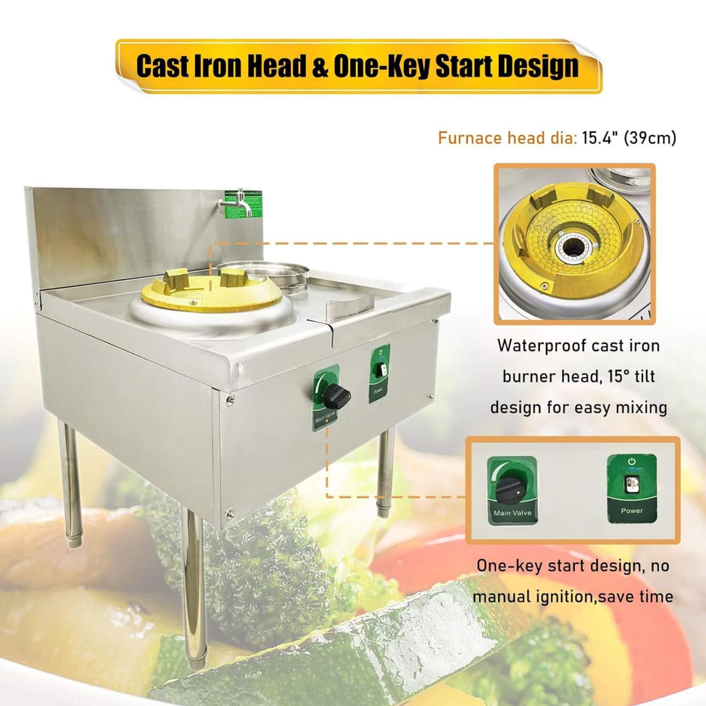 Commercial 85300 BTU Stainless Steel Single Burner LPG NG Wok Stove (SAK46827) - Saksby Wholesale - One-Key Start Design
