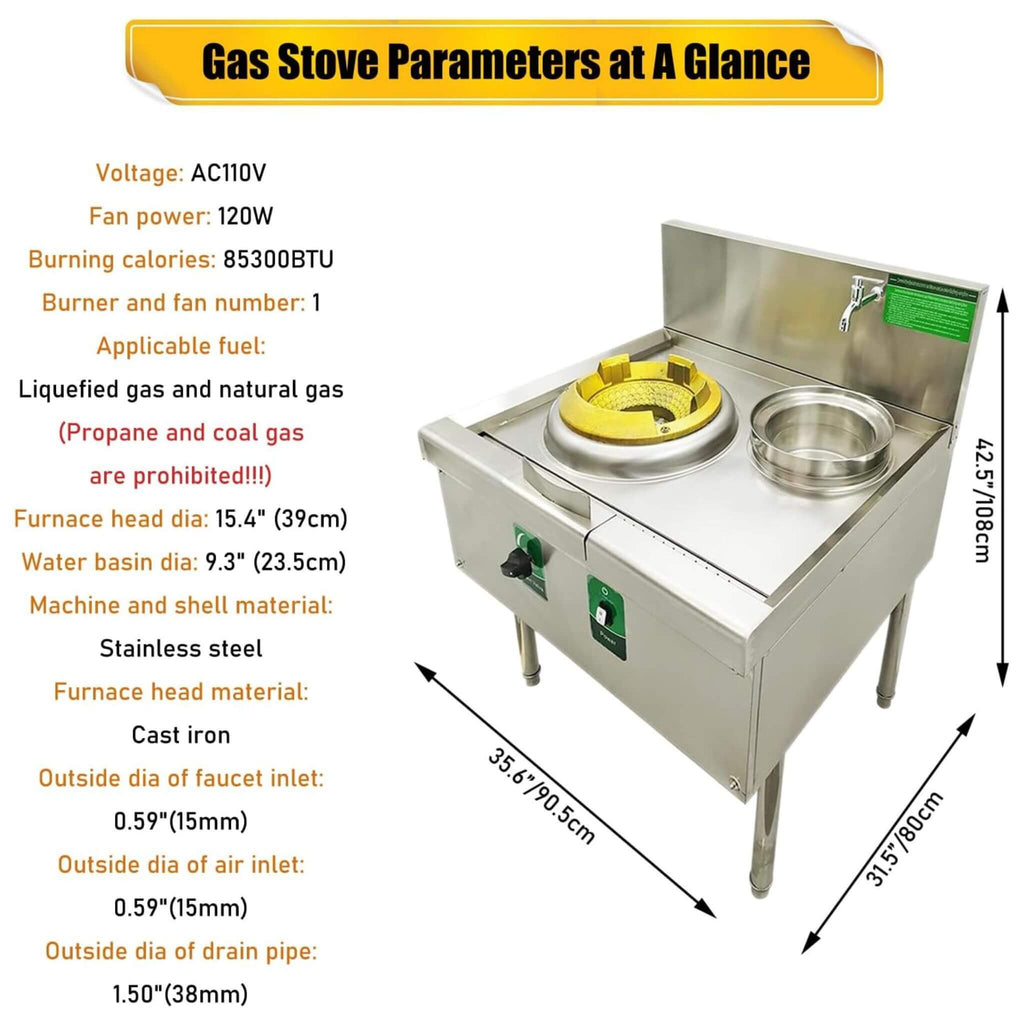 Commercial 85300 BTU Stainless Steel Single Burner LPG NG Wok Stove (SAK46827) - Saksby Wholesale - Specifications