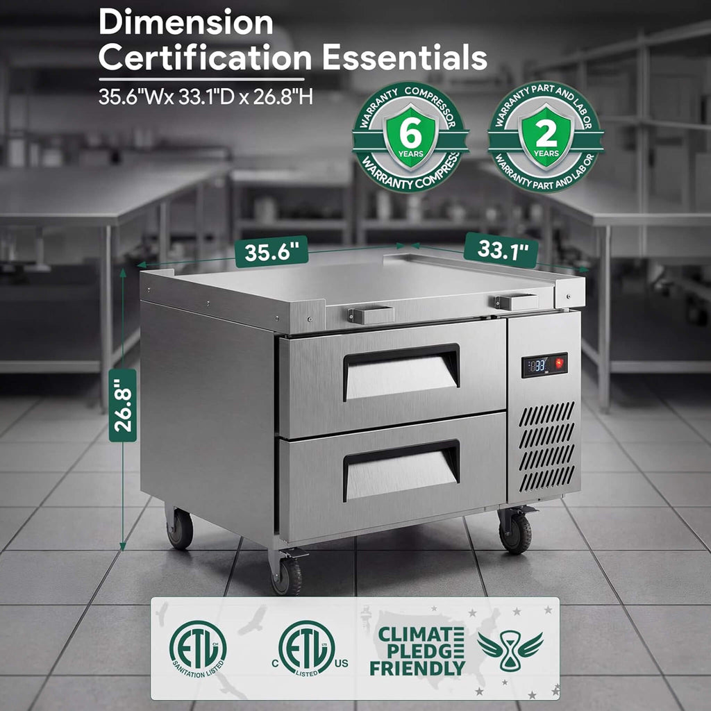 Commercial Double Drawer Undercounter Worktop Fridge With Wheels (SAK80596) - Saksby Wholesale - 36-Inch Dimensions