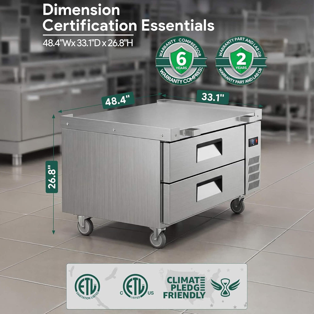 Commercial Double Drawer Undercounter Worktop Fridge With Wheels (SAK80596) - Saksby Wholesale - 48-Inch Dimensions