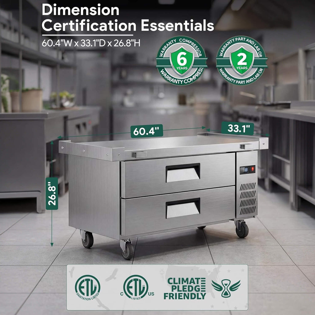 Commercial Double Drawer Undercounter Worktop Fridge With Wheels (SAK80596) - Saksby Wholesale - 60-Inch Dimensions