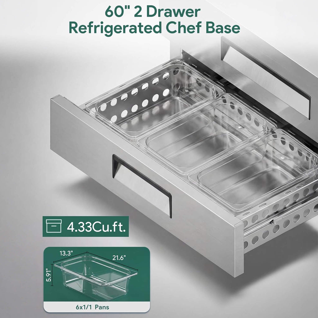 Commercial Double Drawer Undercounter Worktop Fridge With Wheels (SAK80596) - Saksby Wholesale - 60-Inch Refrigerated Chef Base
