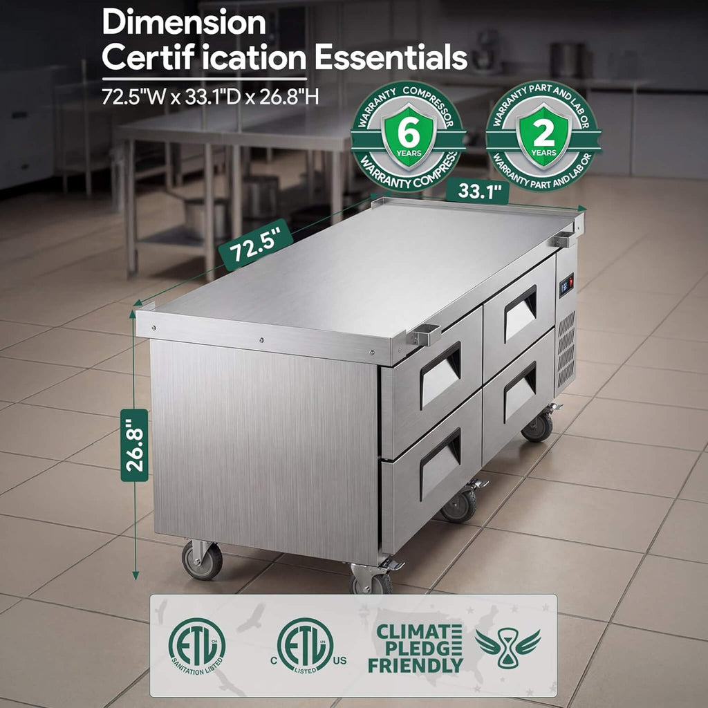 Commercial Double Drawer Undercounter Worktop Fridge With Wheels (SAK80596) - Saksby Wholesale - 72-Inch Dimensions