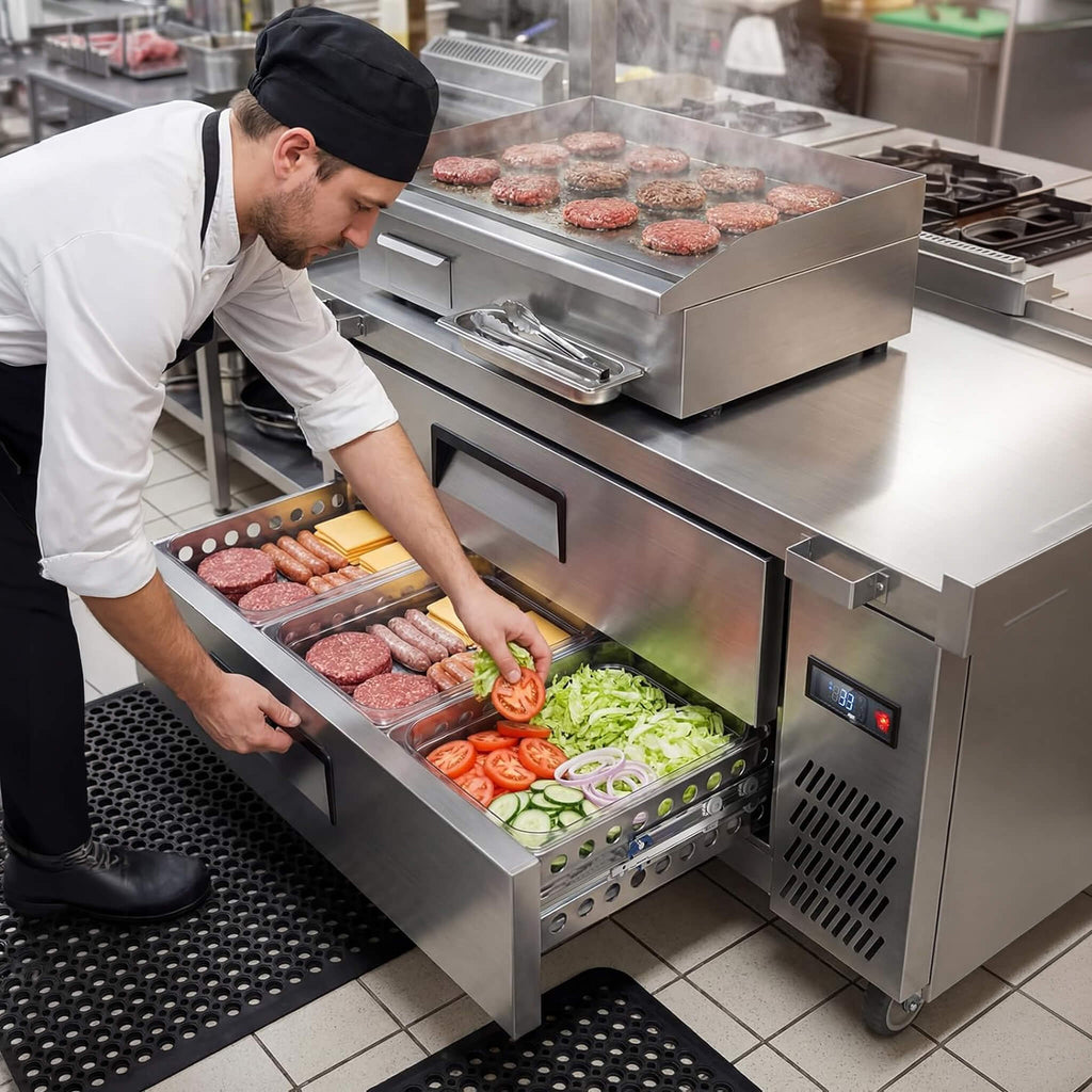 Commercial Double Drawer Undercounter Worktop Fridge With Wheels (SAK80596) - Saksby Wholesale - Lifestyle In Kitchen With Chef