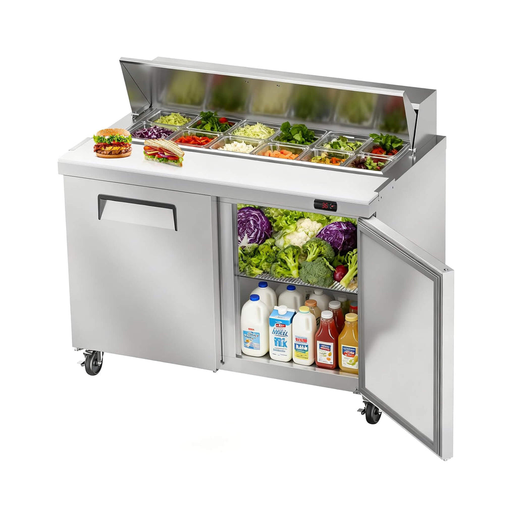 Commercial Stainless Steel Sandwich Prep Table Refrigerator (SAK19586) - Saksby Wholesale - 48-Inch 12 Pans Front Right View