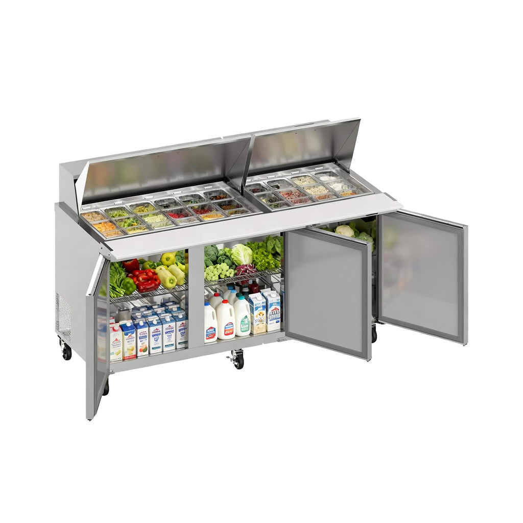 Commercial Stainless Steel Sandwich Prep Table Refrigerator (SAK19586) - Saksby Wholesale - 72-Inch 30 Pans Front Right View