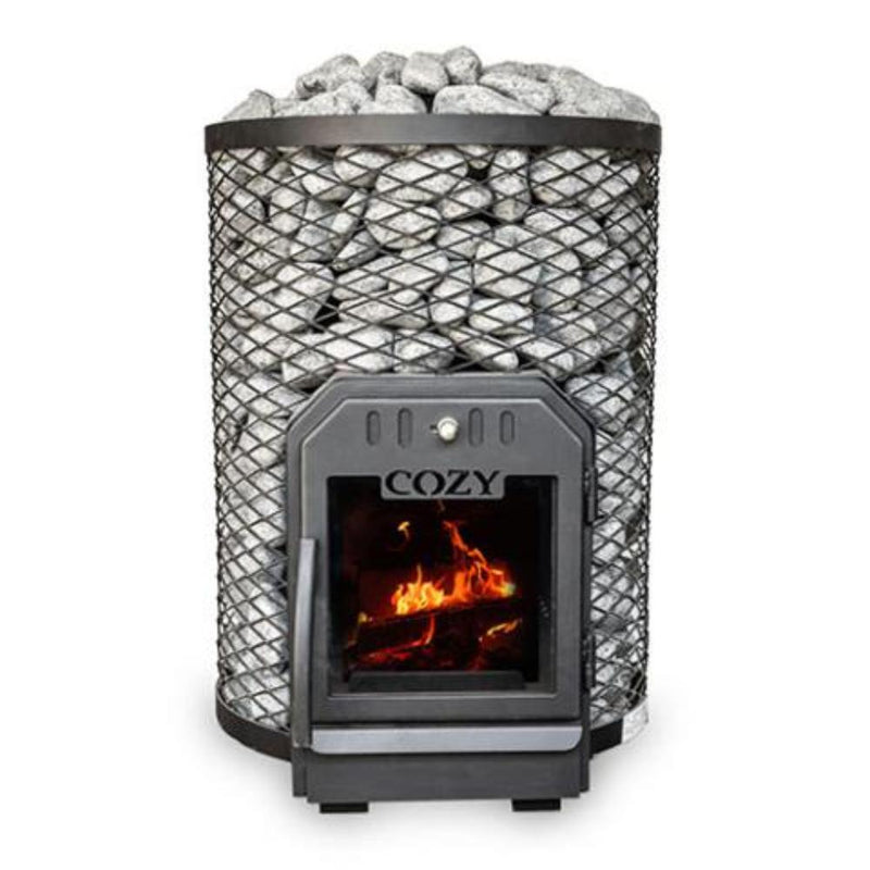 COZY HEAT O Thru-Wall Wood Burning Sauna Stove With Sauna Stones [COZYOTW12/O18] - Front View With Wood Burning