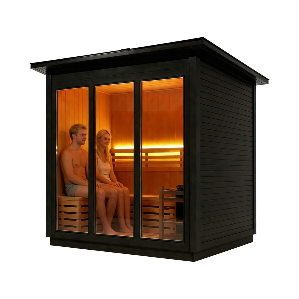 Custom Luxury Spruce Outdoor Steam Sauna With Canadian Wood, Heater & Stones (SAK87912) - Saksby Wholesale - Black Front Left View With People Inside