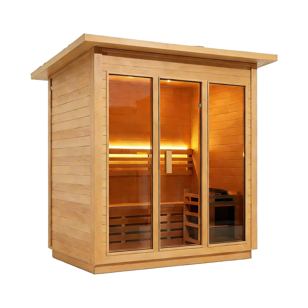Custom Luxury Spruce Outdoor Steam Sauna With Canadian Wood, Heater & Stones (SAK87912) - Saksby Wholesale - Brown Front Right View