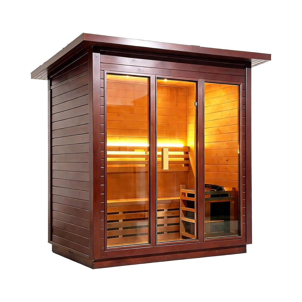 Custom Luxury Spruce Outdoor Steam Sauna With Canadian Wood, Heater & Stones (SAK87912) - Saksby Wholesale - Red Cedar Front Right View