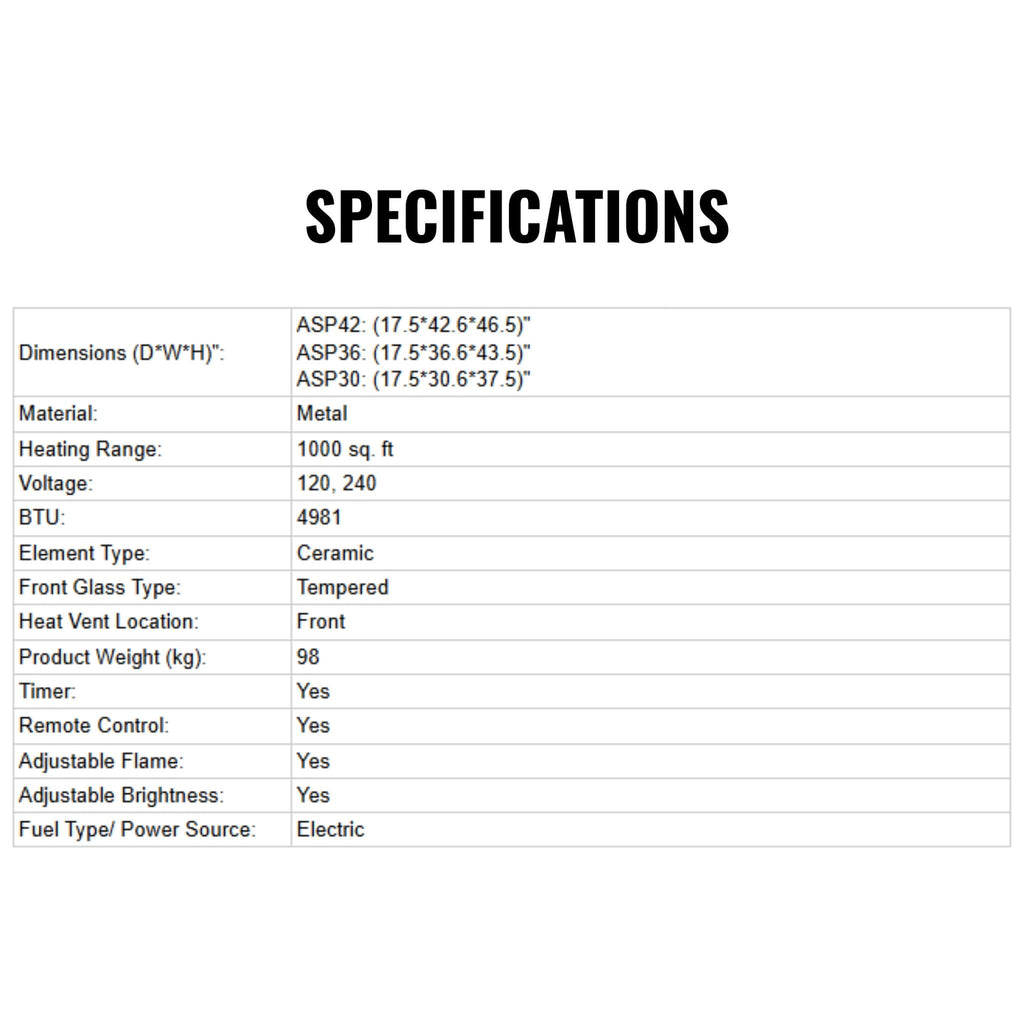 Dimplex Ignite Aspire Built-In Electric Fireplace [ASP30/36/42] (SAK59816) - Saksby Wholesale - Specifications