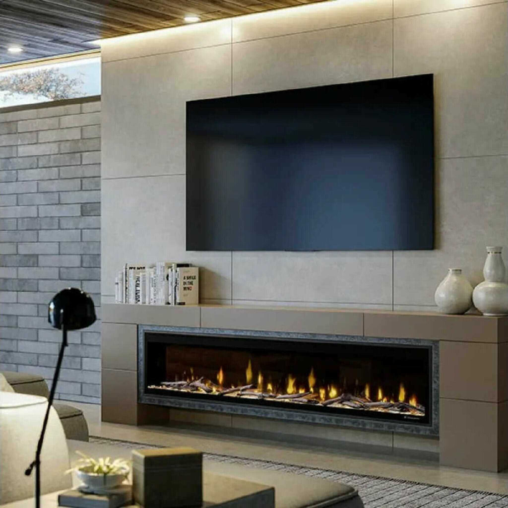 Dimplex Ignite Evolve Built-In Frosted Tumbled Glass Linear Electric Fireplace With Heat Boost System & Trim Kit (SAK59214) - Saksby Wholesale - Living Room View