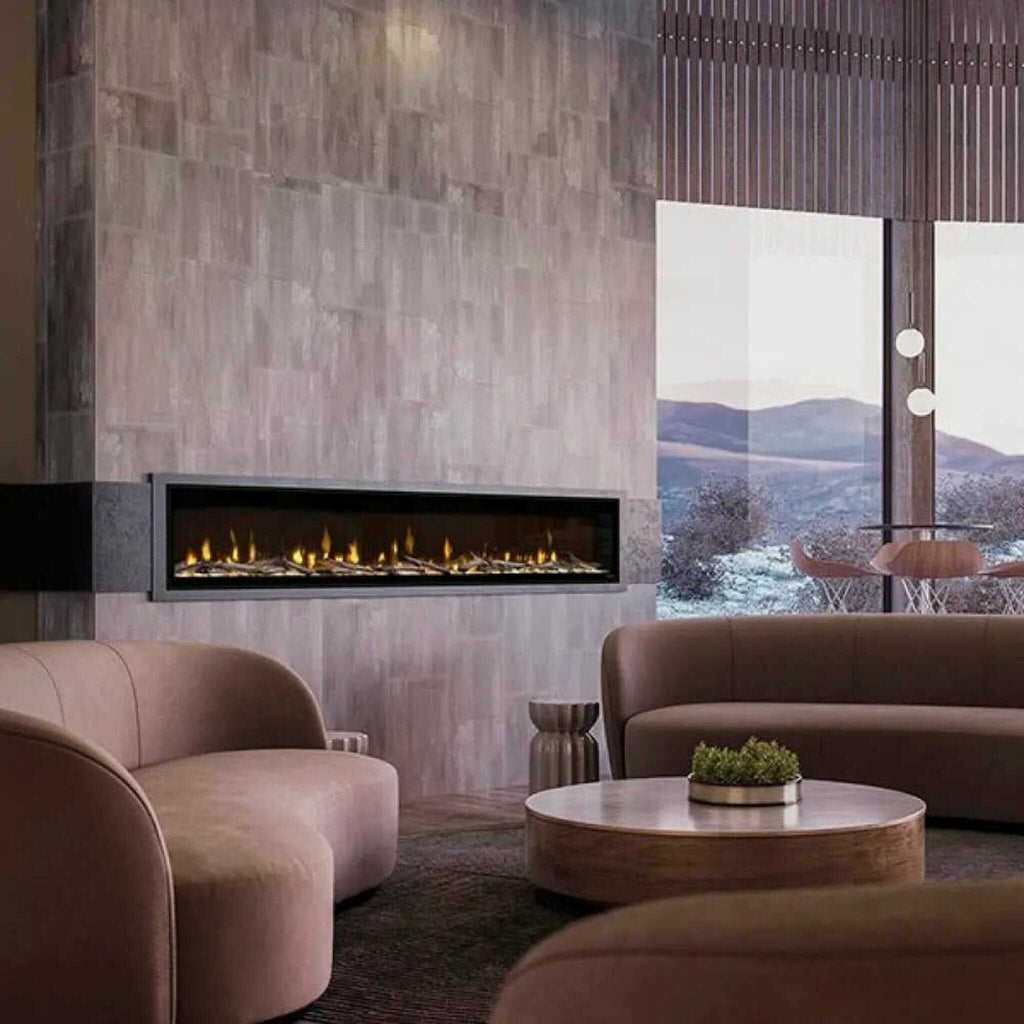 Dimplex Ignite Evolve Built-In Frosted Tumbled Glass Linear Electric Fireplace With Heat Boost System & Trim Kit (SAK59214) - Saksby Wholesale - Lounge View