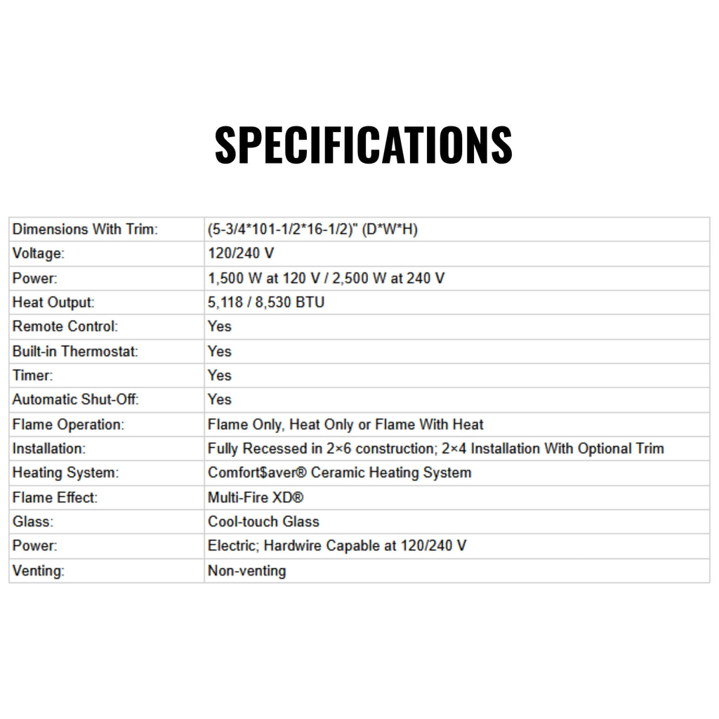 Dimplex IgniteXL 100-Inch Built-In Linear Electric Fireplace [XLF100] (SAK28479) - Saksby Wholesale -  Specifications View