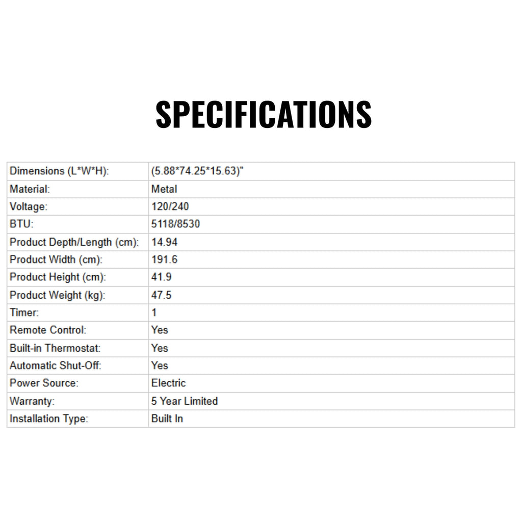 Dimplex IgniteXL 74-Inch Premium Built-In Linear Electric Fireplace With Integrated Heater Fan [XLF74] (SAK14736) - Saksby Wholesale - Specifications