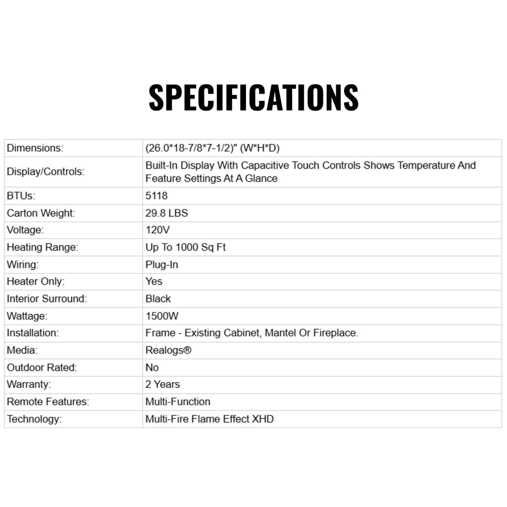 Dimplex Multi-Fire 26-Inch Built-In Traditional Fireplace With Realogs [XHD26L] (SAK65019) - Saksby Wholesale - Specifications