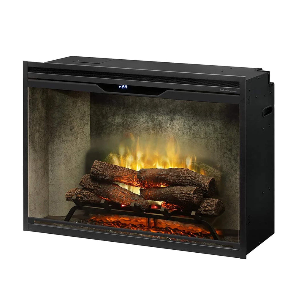 Dimplex Revillusion 36" Built In Electric Firebox With Weathered Concrete Line Living Room View Front Right View