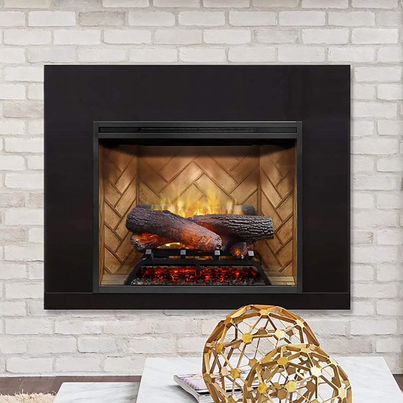 Dimplex 24 Inch Revillusion Electric Firebox Herringbone Brick Front Close View In Living Room