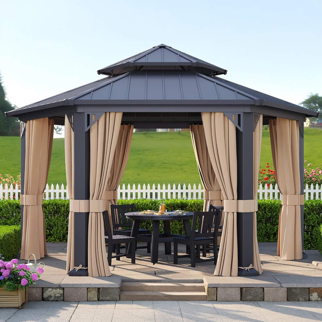 [13X15FT] Double-Tier Hexagonal Metal Hardtop Patio Gazebo (SAK84137) - Saksby Wholesale - Lifestyle Image in Backyard